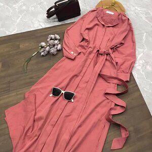Coral Pink Button Front Midi Shirt Dress with Belt
